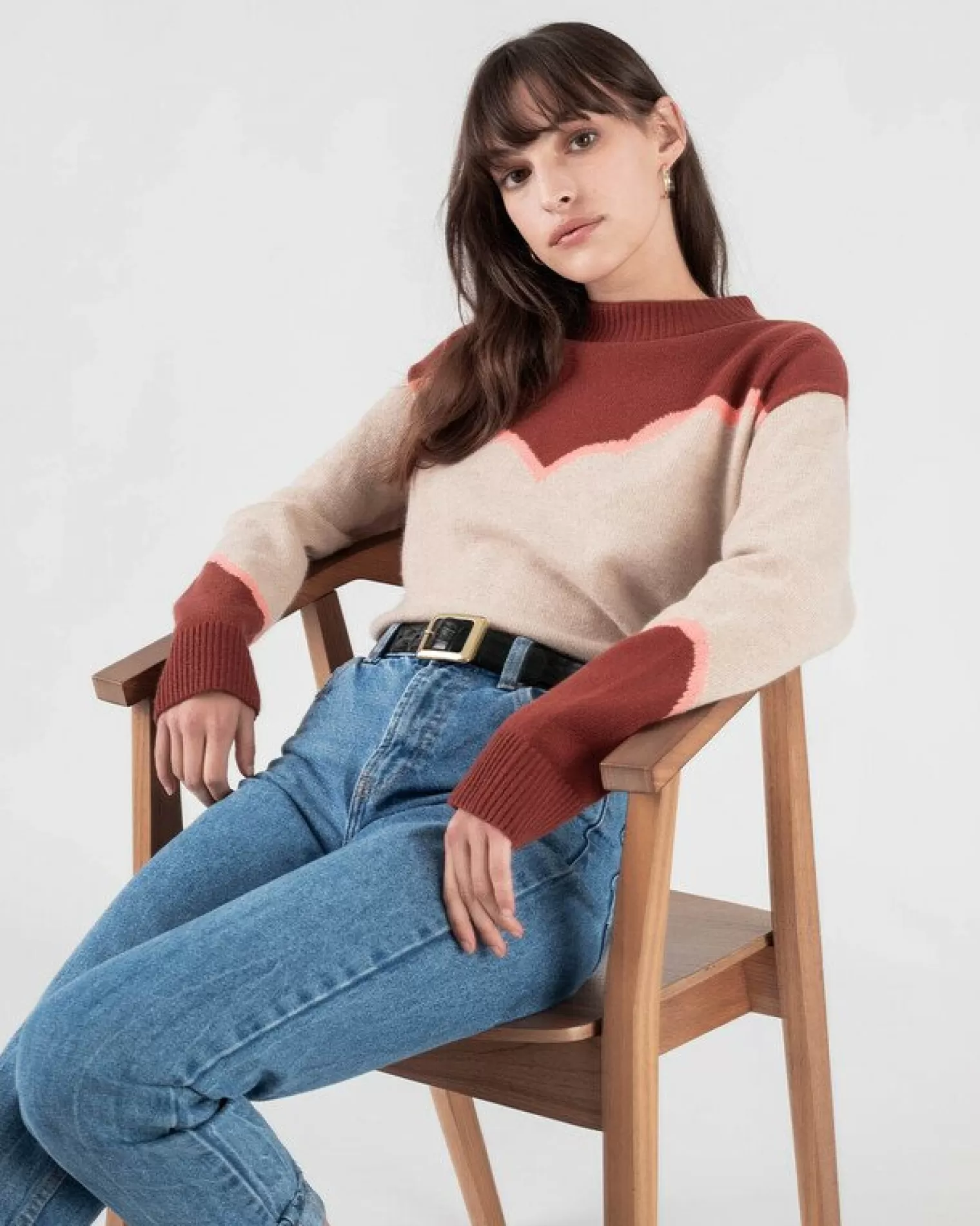 Kujten Sweaters & Sweatshirts>Bicolored Round Neck Cashmere Sweater Bordeaux Sienne