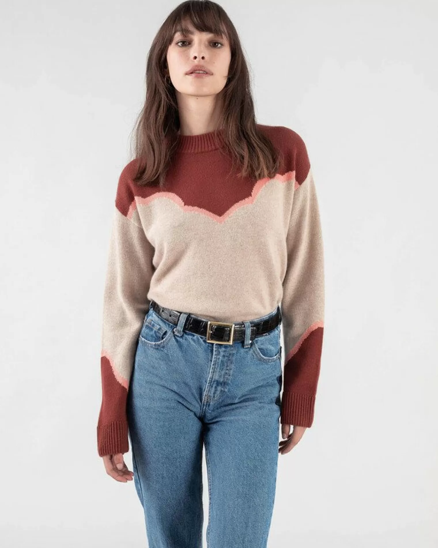 Kujten Sweaters & Sweatshirts>Bicolored Round Neck Cashmere Sweater Bordeaux Sienne