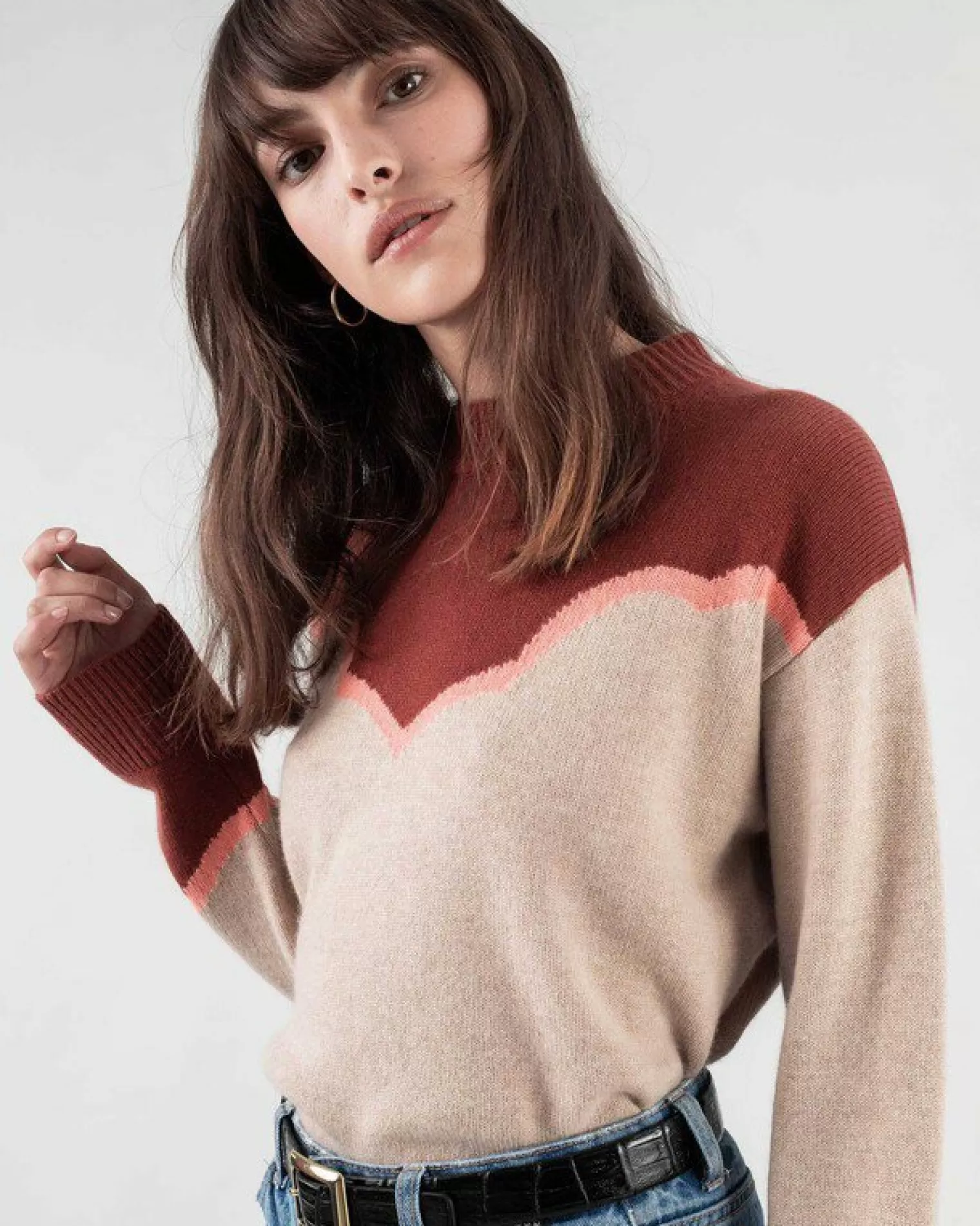 Kujten Sweaters & Sweatshirts>Bicolored Round Neck Cashmere Sweater Bordeaux Sienne