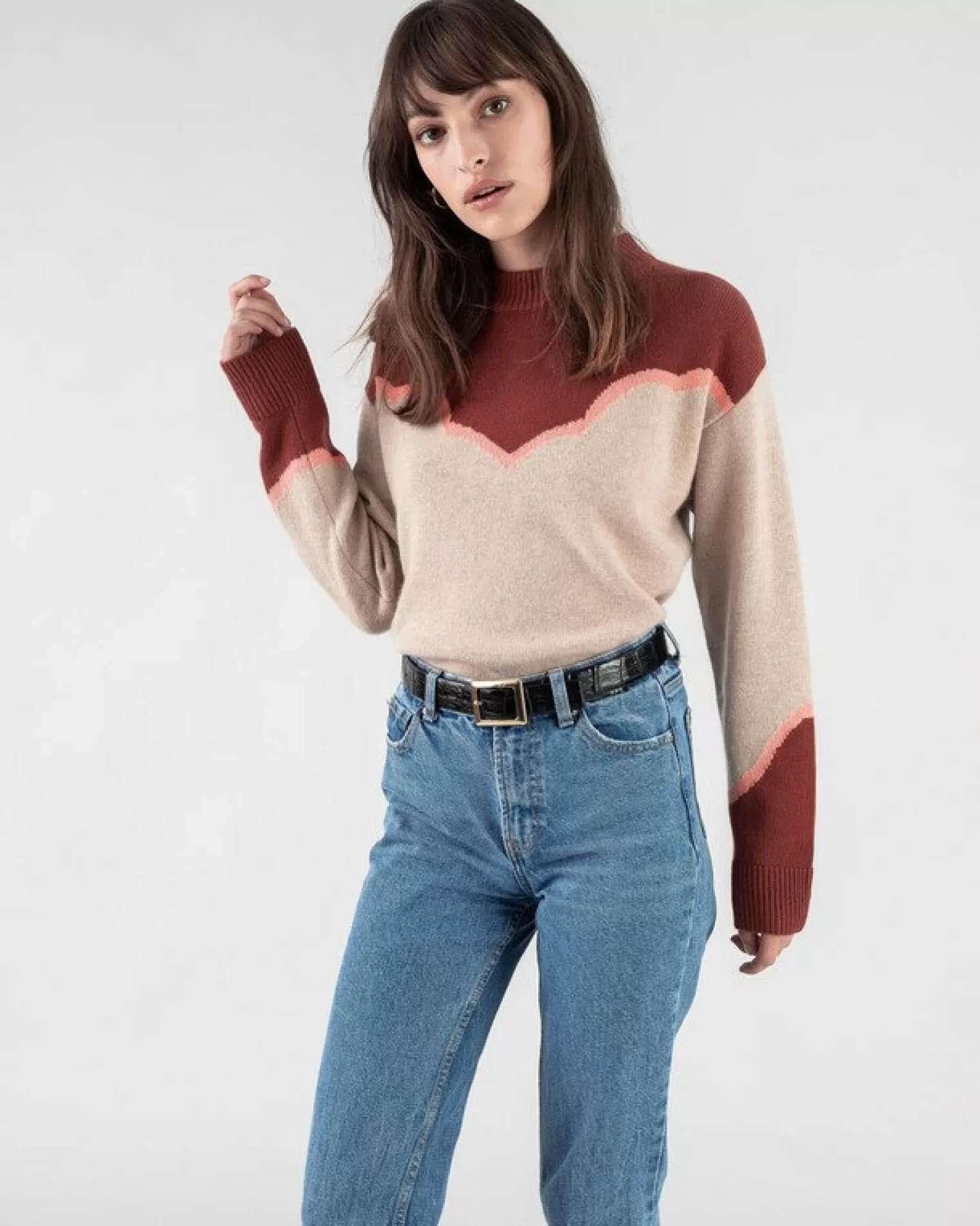 Kujten Sweaters & Sweatshirts>Bicolored Round Neck Cashmere Sweater Bordeaux Sienne