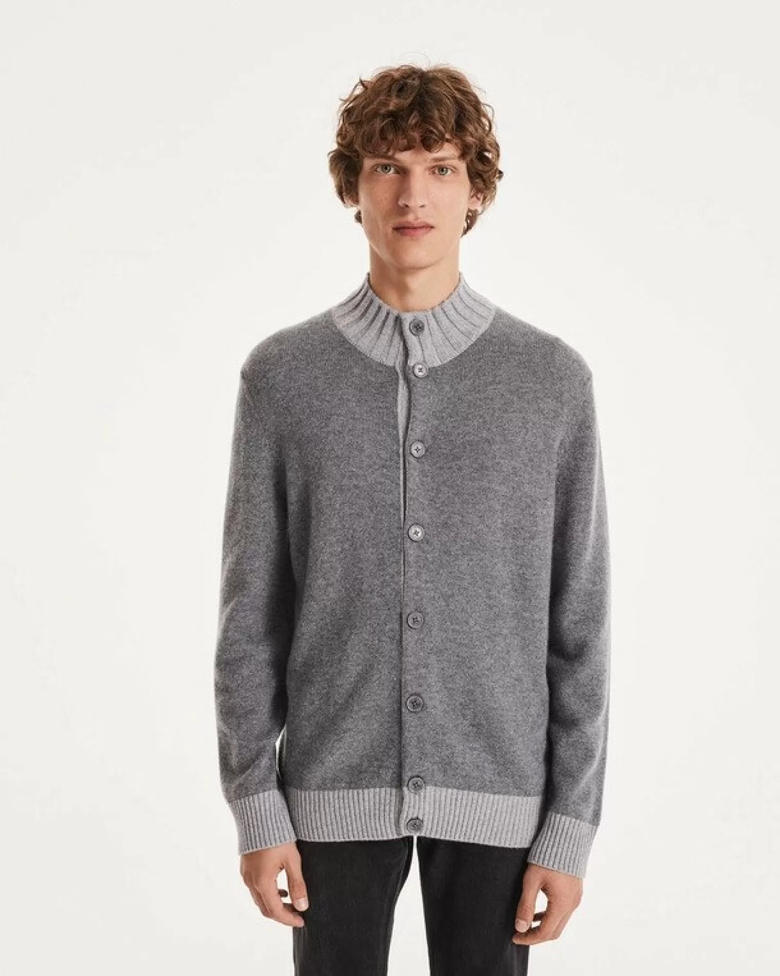 Kujten Jackets & Vests>Men Round Neck Cashmere Cardigan Gris Flanelle