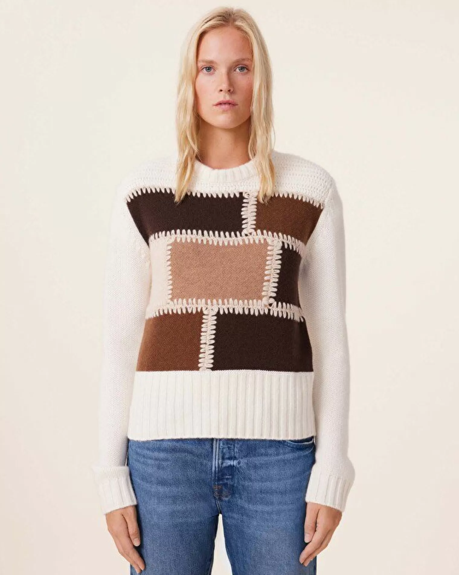 Kujten Sweaters & Sweatshirts>Patchwork Round Neck Cashmere Sweater, 8-Threads Camelo