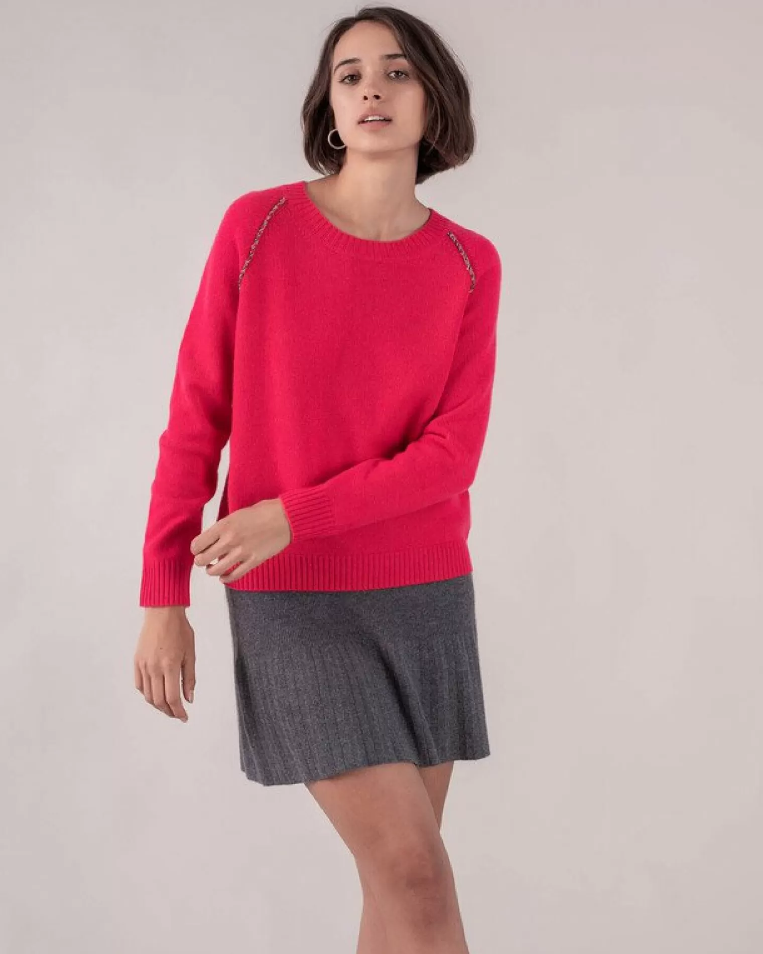 Kujten Sweaters & Sweatshirts>Piped Raglan Cashmere Round Neck Sweater Rose Fushia