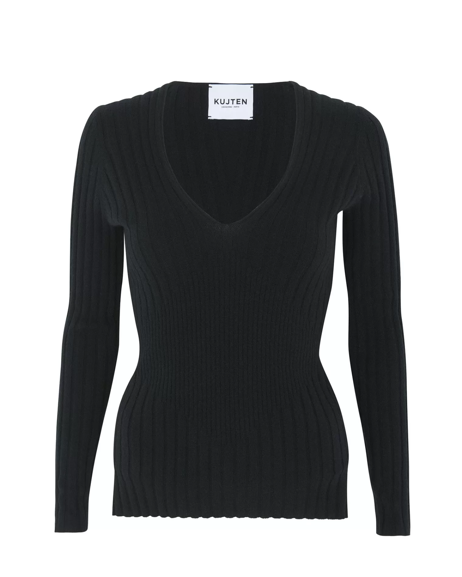 Kujten Sweaters & Sweatshirts>Ribbed V-Neck Cashmere Sweater, 2-Threads Noir